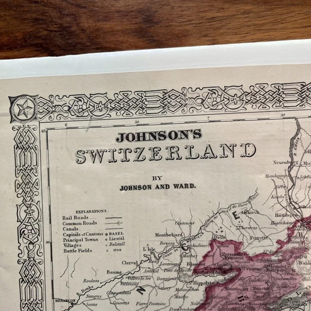 Antique 1860s Johnson & Ward Switzerland Map Hand Colored Original Atlas